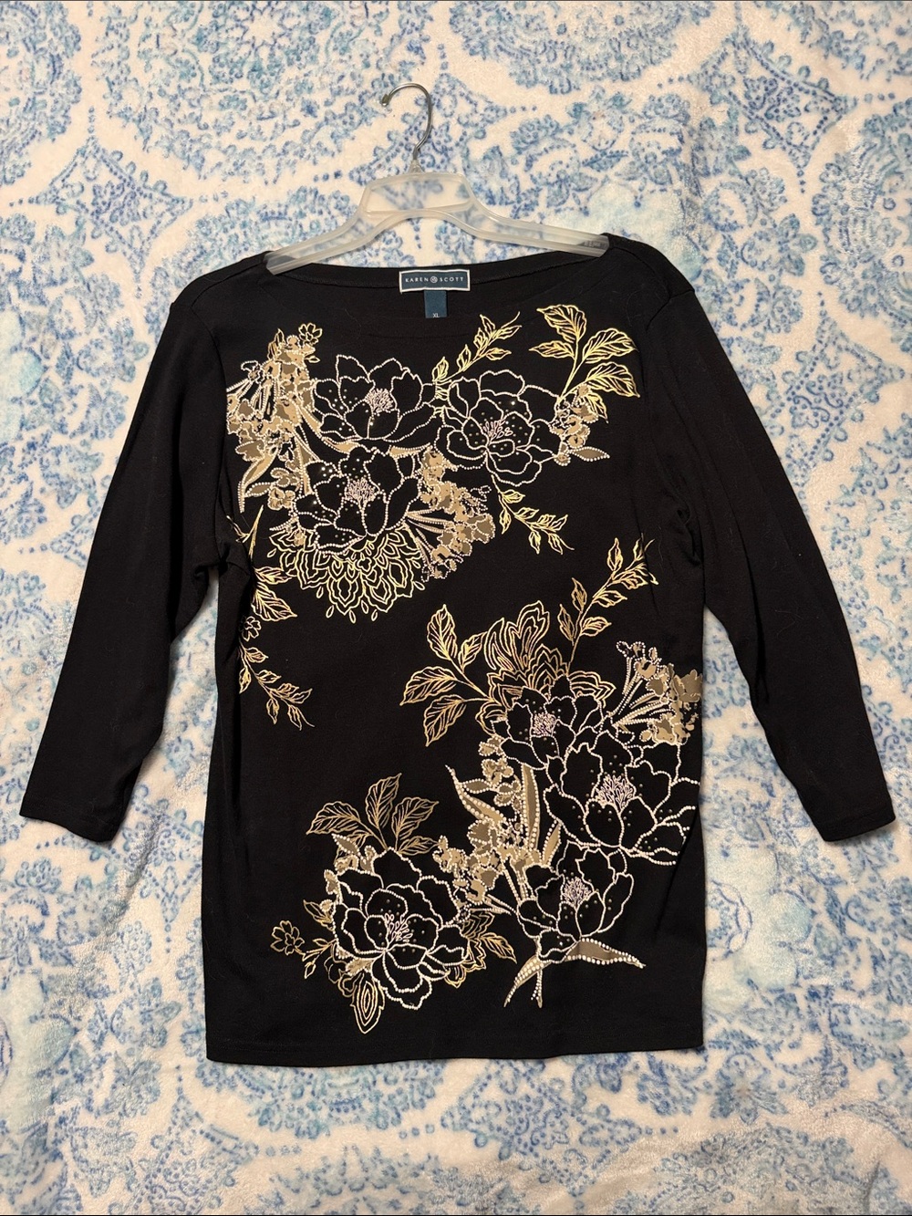 Karen Scott Black 3/4 Sleeve Top with Gold Floral Design